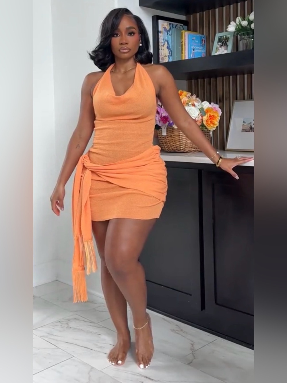 Meshki Orange Halter Knit Mini Dress with Wrap